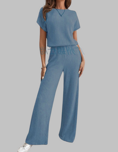 Paula | Damen Rippstrick-Set Kurzarm Top Weite Hose Casual in Blau
