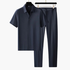 Zweiteiler Set für Herren – Kurzarmshirt mit Stoffhose in Marineblau