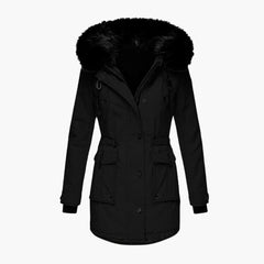 Damen Parka-Jacke mit Kapuze, Knopfverschluss und Pattentaschen in Schwarz
