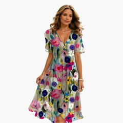 Midikleid für Damen - Elegant, Blumenmuster & V-Ausschnitt in Mehrfarbig