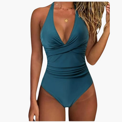 Karierter Sommer-Badeanzug - Damen Einteiler mit V-Ausschnitt in Blau