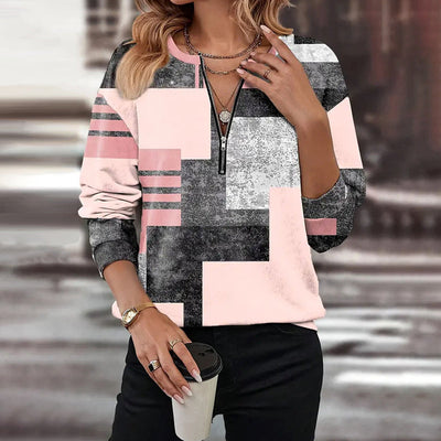 Pullover mit halbem Reißverschluss und Farbblockdruck für Frauen