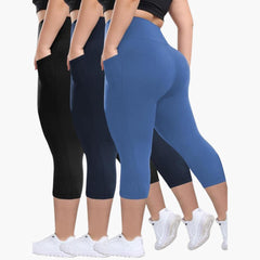 Capri-Leggings Set - Für Damen mit hoher Taille Sport in Schwarz/Marineblau/Hellblau