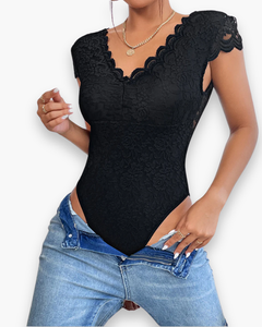 Damen Eleganter V-Ausschnitt Bodysuit | Kurzer Ärmel in Schwarz