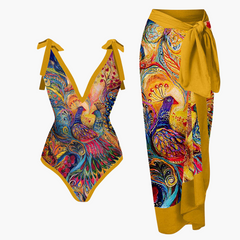 Badeanzug-Set für Damen - mit Blumenmuster und Pareo-Überwurf in Gelb