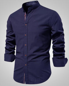 Herren Stehkragen Slim Fit Casual Hemd in Marineblau