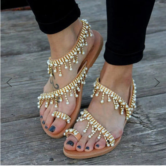 Pia® | Sandalen Flache Perlen Bequeme String Perlen Hausschuhe