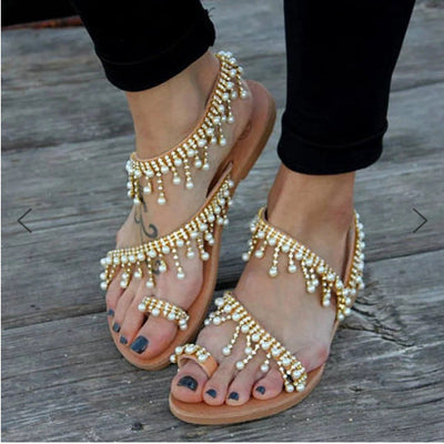 Pia® | Sandalen Flache Perlen Bequeme String Perlen Hausschuhe