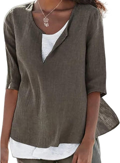 Vera | Damen Bluse 3/4-Arm Lagenlook V-Ausschnitt in Braun