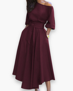 Damen Elegantes Kleid mit Gürtel | Midi in Weinrot