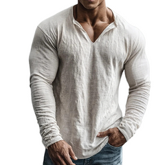 Men's Retro Casual Cotton Linen V-Neck Long-Sleeve Shirt in White
