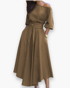 Damen Elegantes Kleid mit Gürtel | Midi in Khaki