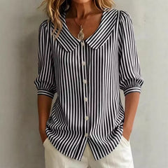 Greta | Damen Gestreifte Bluse mit Knopfleiste in Schwarz