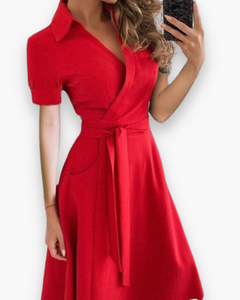 Damen Elegantes Kleid mit Gürtel | Midi in Rot