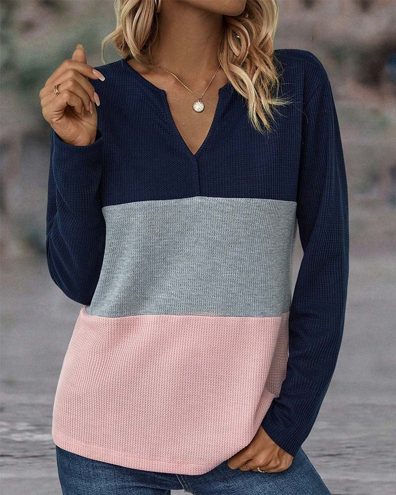 V-Ausschnitt Pullover mit Farbblockmuster für Frauen