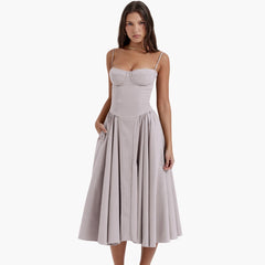 Midikleid Damen – Retro Corsagenkleid mit Trägern Sommer in Hellgrau