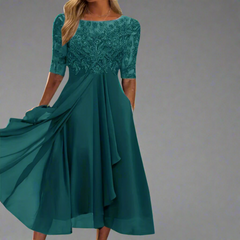 Elisa | Elegantes Midikleid mit Spitze in Dunkelgrün