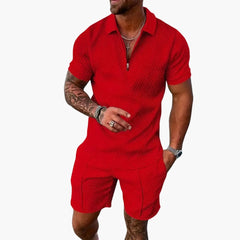 Herren Sommer Zweiteiler mit Reißverschluss und Shorts in Rot