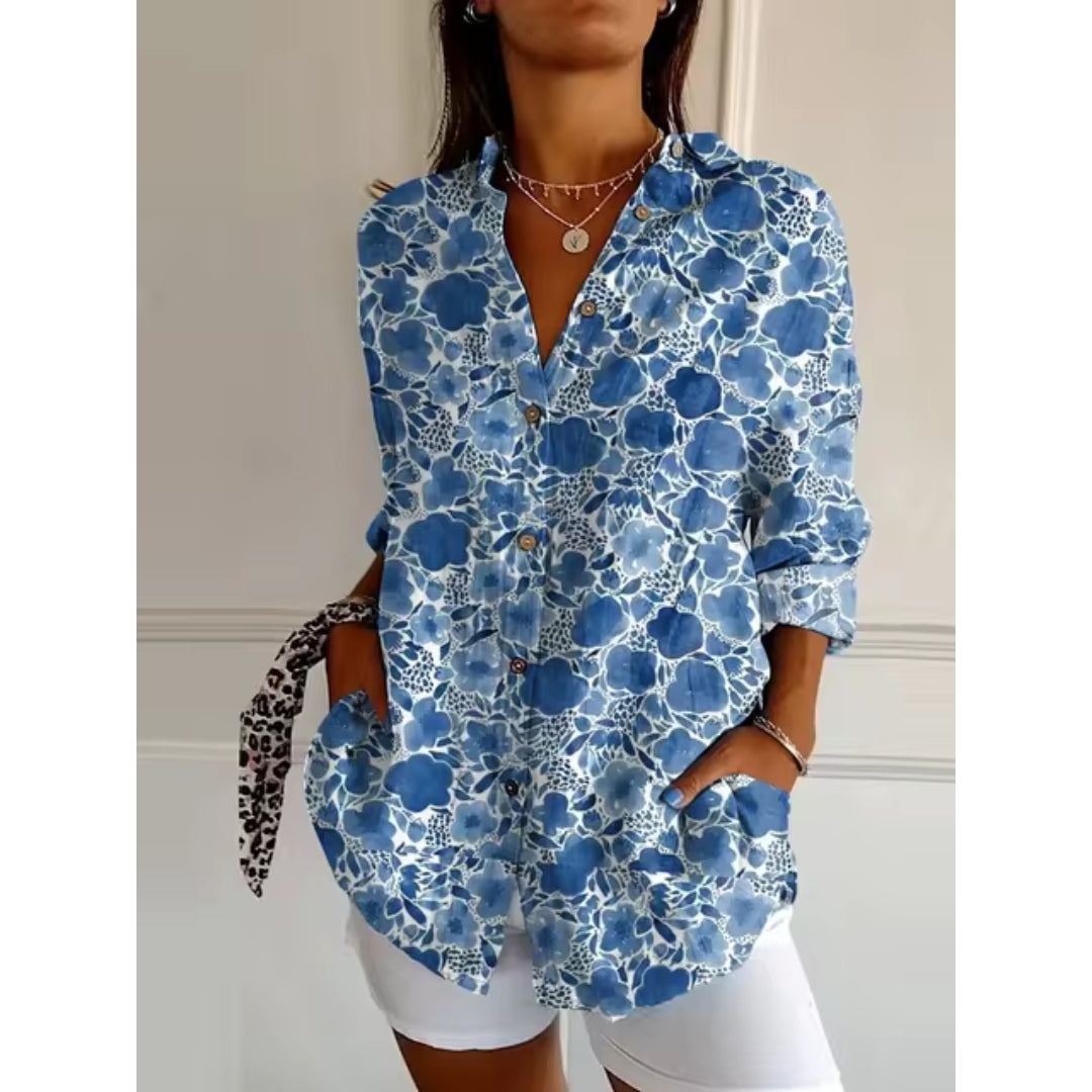 Halbärmelige Geblümte Bluse mit Knöpfen für Damen