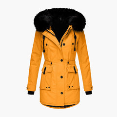 Damen Parka-Jacke mit Kapuze, Knopfverschluss und Pattentaschen in Gold