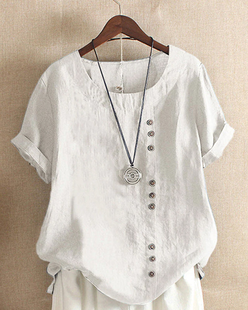 Zayla - Unifarbenes Kurzarm-Bluse mit Rundhalsausschnitt