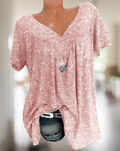 Winslet - V-Ausschnitt Lose Kurzarm Freizeit T-Shirt in Rosa