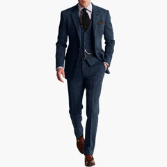 Herren dreiteiliger Anzug mit Weste für Herbst und Winter in Marineblau