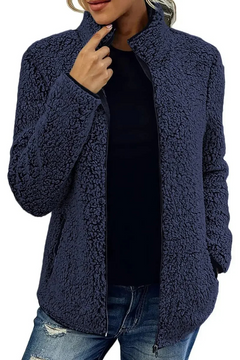 Fleece-Strickjacke mit Reißverschluss und Taschen für Frauen in Marineblau