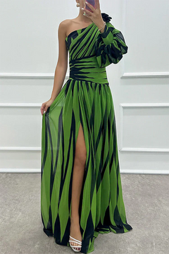 Vanessa | Einschulter Gestreift Maxikleid in Grün