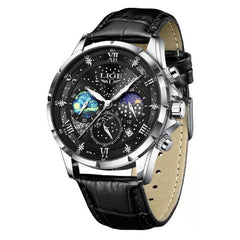 Stilvolle Mondphasen-Armbanduhr in Silber Schwarz