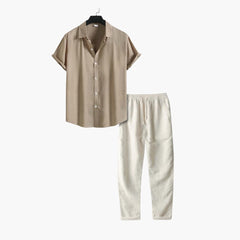 Herren Sommer Schlafanzug Set mit Kurzarmhemd und langer Hose in Beige