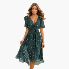 Midikleid für Damen - Elegant, Blumenmuster & V-Ausschnitt in Grün