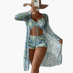Bikini-Set mit V-Ausschnitt für Damen – Batik-Überwurf inklusive in Grün