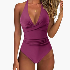Karierter Sommer-Badeanzug - Damen Einteiler mit V-Ausschnitt in Rosa