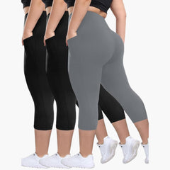 Capri-Leggings Set - Für Damen mit hoher Taille Sport in Schwarz/Schwarz/Grau