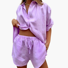 Zweiteiler Set für Damen - mit Knopfleiste und Shorts in Lila