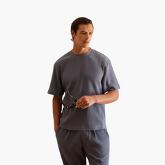 Plissee-Zweiteiler mit Kurzarmhemd - Herren Sommer-Set in Blau