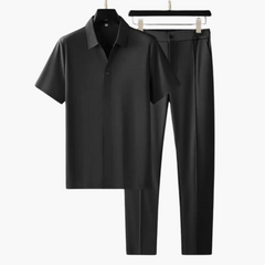 Zweiteiler Set für Herren – Kurzarmshirt mit Stoffhose in Schwarz