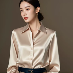 Elegantes Satin-Hemdblusenshirt für Damen | Lange Ärmel in Weiß