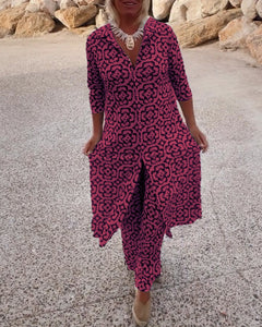 Elizabeth | Verlängert Gemustert Zweiteiliges Set in Fuchsia