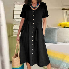 Damen Sommer Kurzarm-Leinen-Midikleid mit Knöpfen und Taschen in Schwarz
