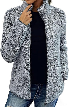 Fleece-Strickjacke mit Reißverschluss und Taschen für Frauen in Gris