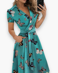 Damen Elegantes Kleid mit Gürtel | Midi in Schmetterling