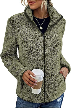 Fleece-Strickjacke mit Reißverschluss und Taschen für Frauen in Armeegrün
