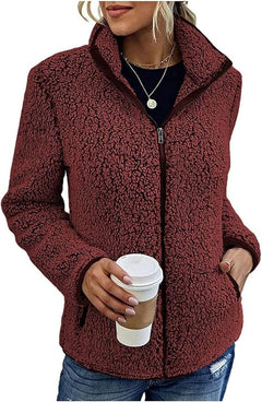 Fleece-Strickjacke mit Reißverschluss und Taschen für Frauen in Weinrot