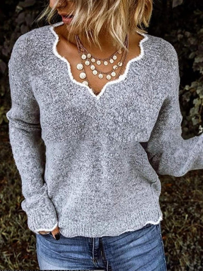Damen SPITZEN V-AUSSCHNITT STRICKPULLOVER | ELEGANTER, KOMFORTABLER STIL