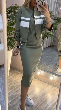 Feyra™ - Lässiges und Stilvolles Set mit Rundhalsausschnitt-Kleid und Jacke für Damen in Grün