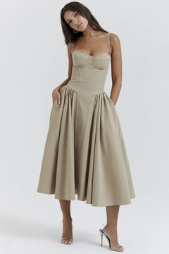 Johanna - Damen Armloses Midikleid in Khaki