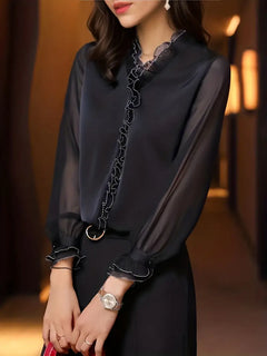 Ivy | Langärmelige Bluse, Elegantes lässiges Damenoberteil in Schwarz
