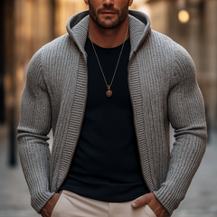 Men's Basic Solid Color Slim Fit Hooded Zip-up Knit Cardigan in Light Gray